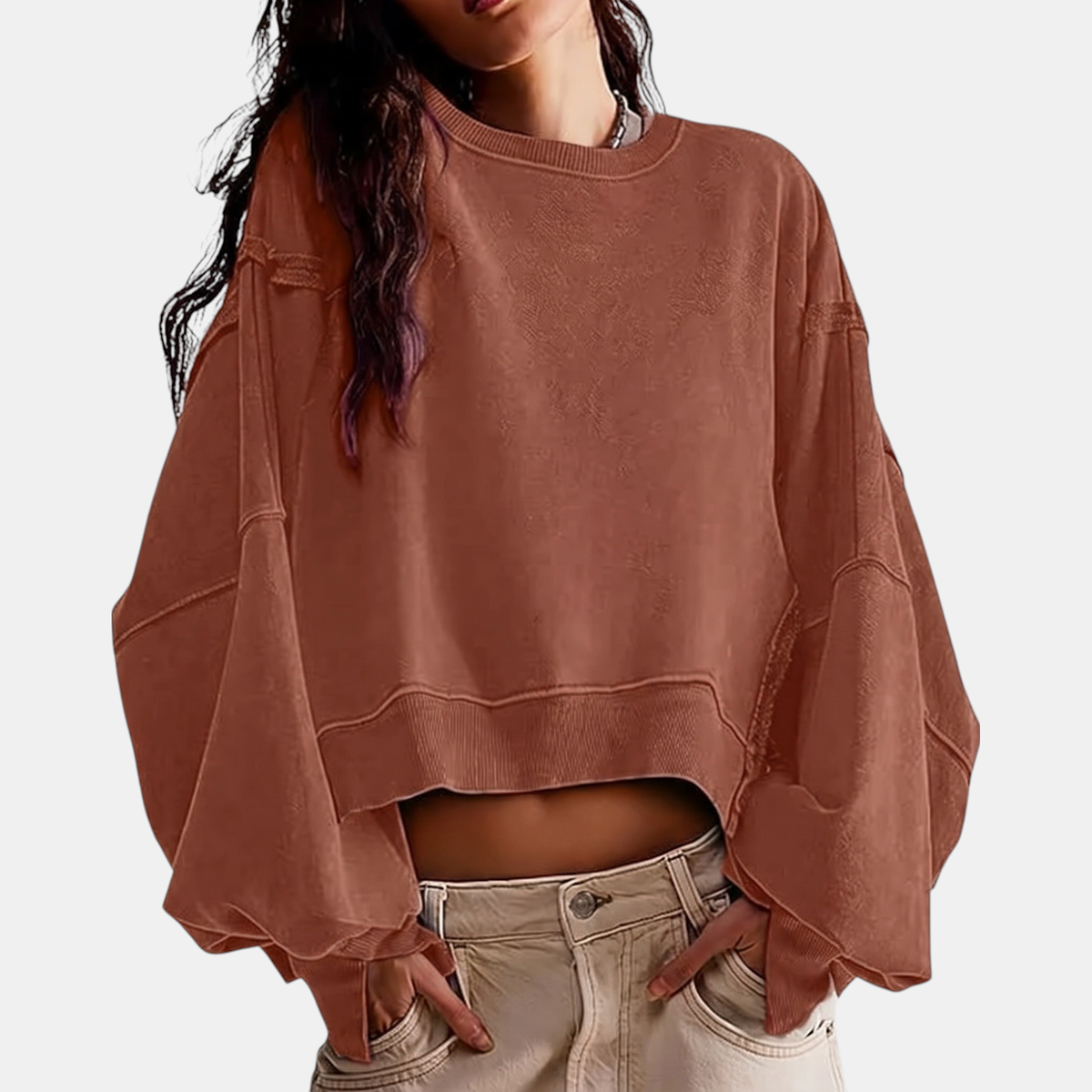 Women's Raw Hem Crewneck Oversized Crop Sweatshirt