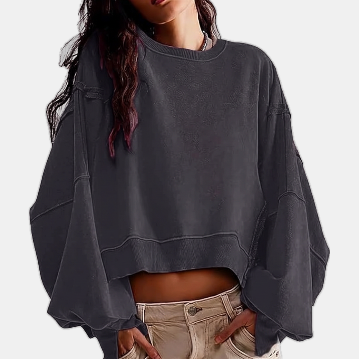 Women's Raw Hem Crewneck Oversized Crop Sweatshirt