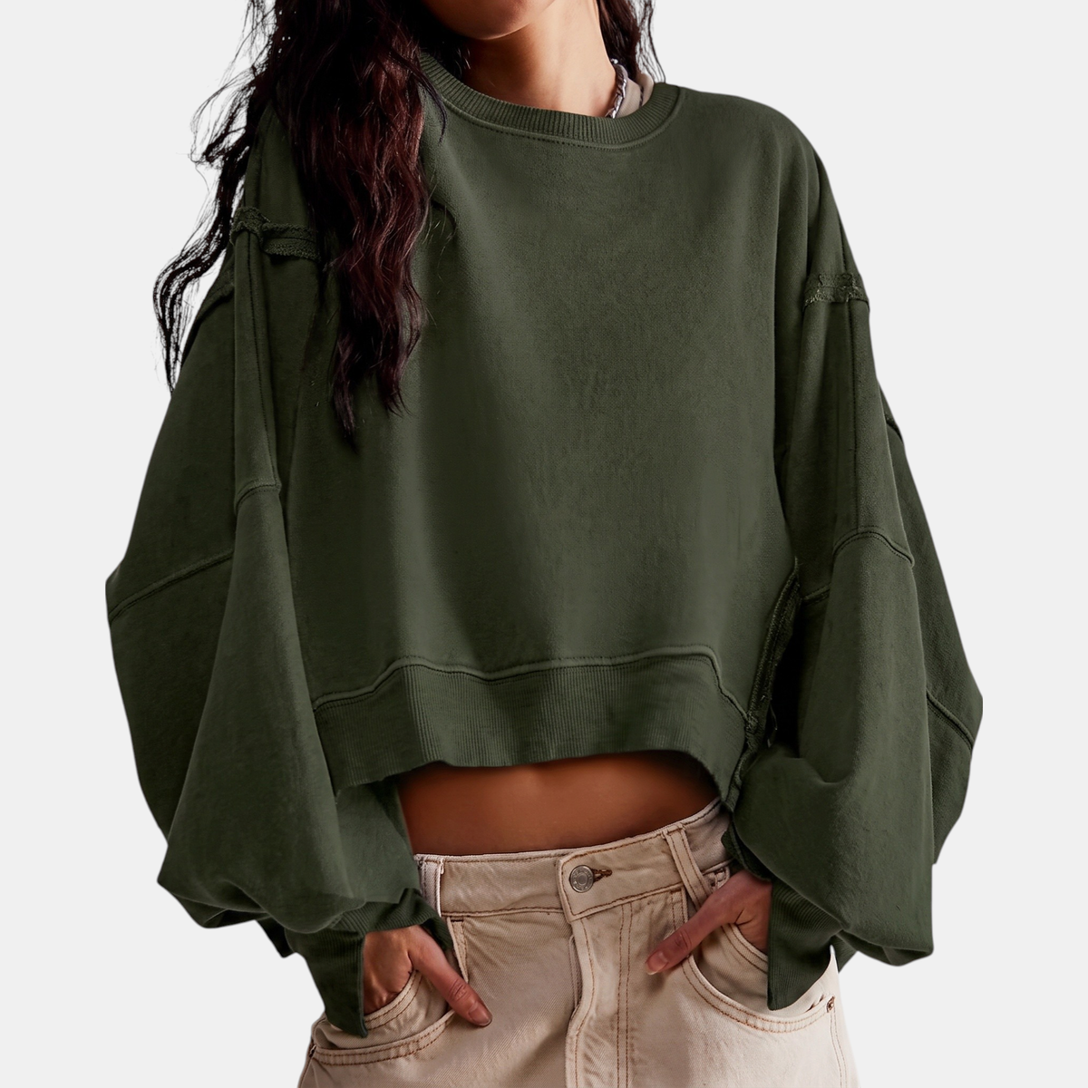 Women's Raw Hem Crewneck Oversized Crop Sweatshirt