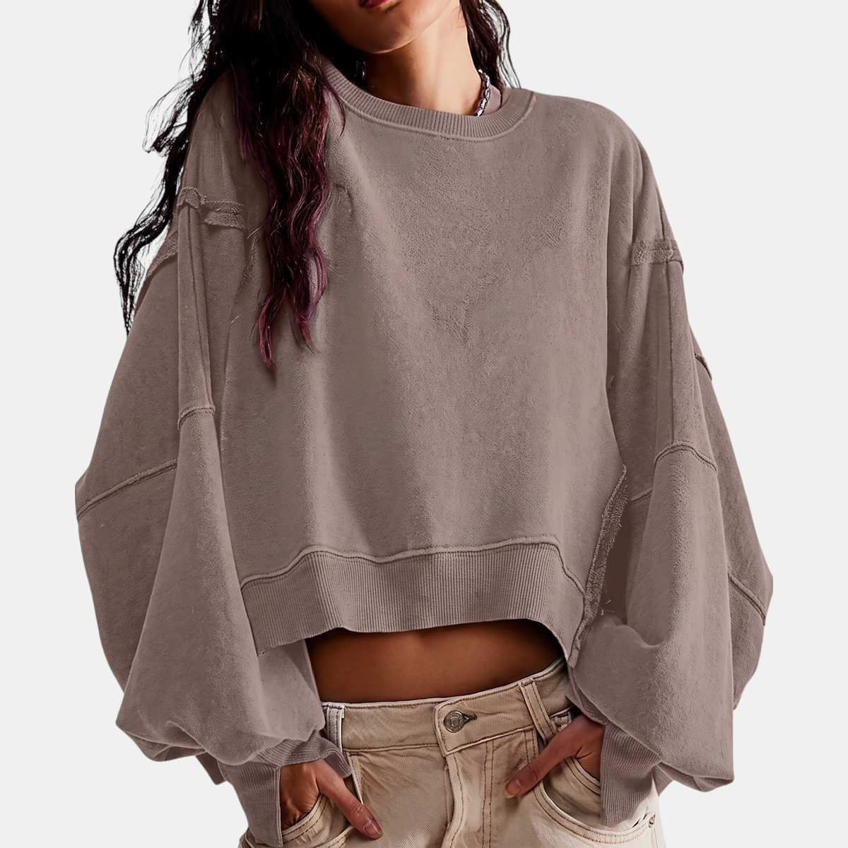 Women's Raw Hem Crewneck Oversized Crop Sweatshirt