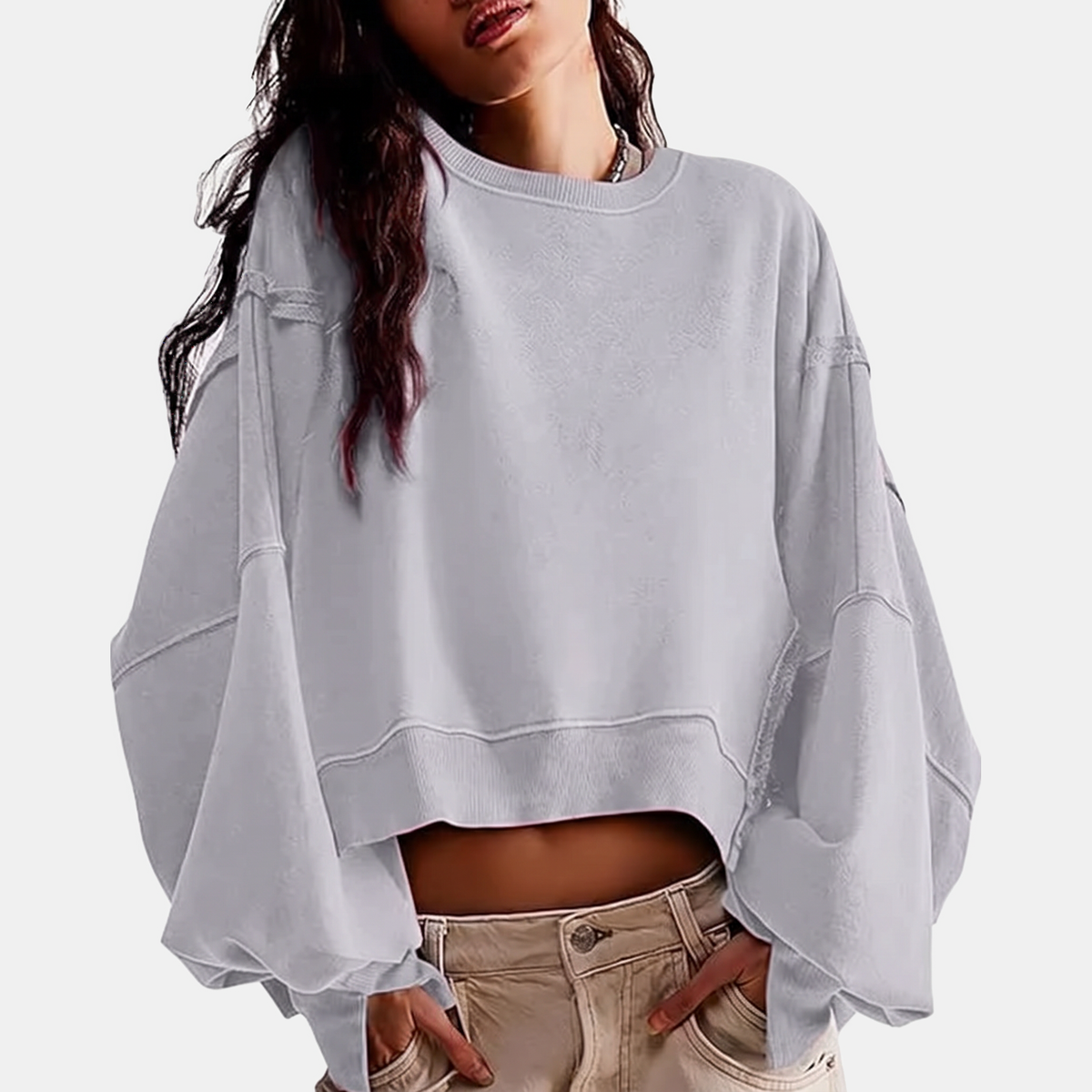 Women's Raw Hem Crewneck Oversized Crop Sweatshirt