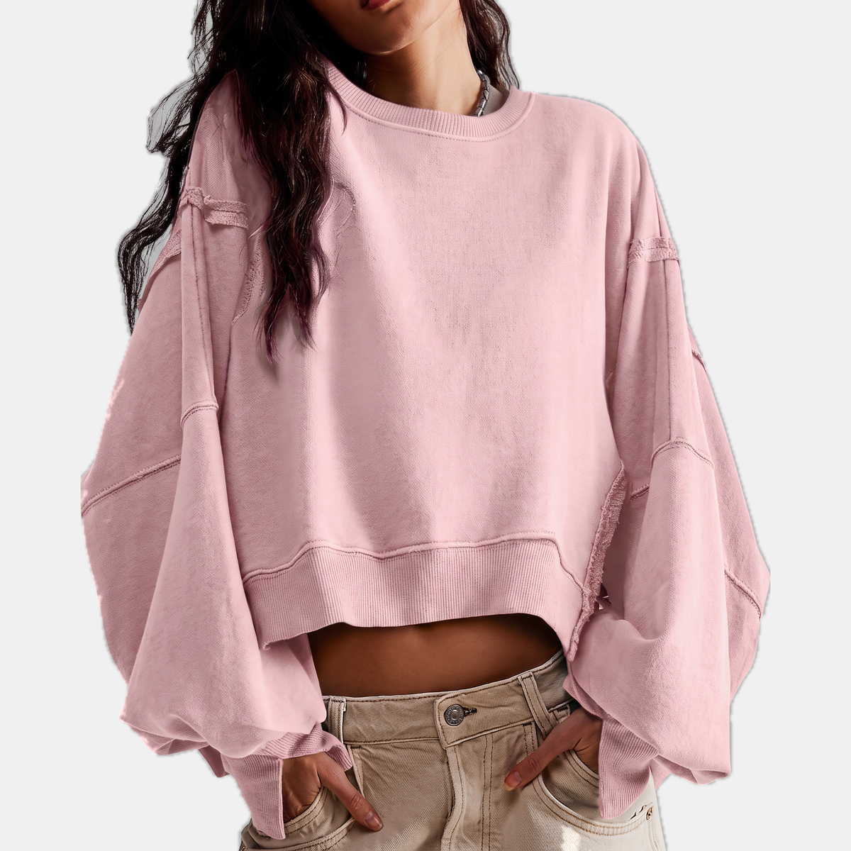 Women's Raw Hem Crewneck Oversized Crop Sweatshirt