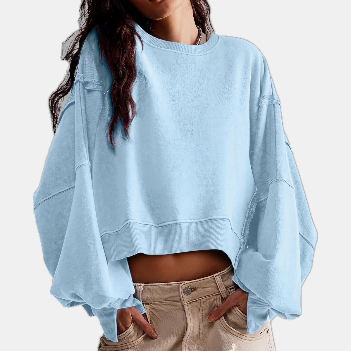 Women's Raw Hem Crewneck Oversized Crop Sweatshirt