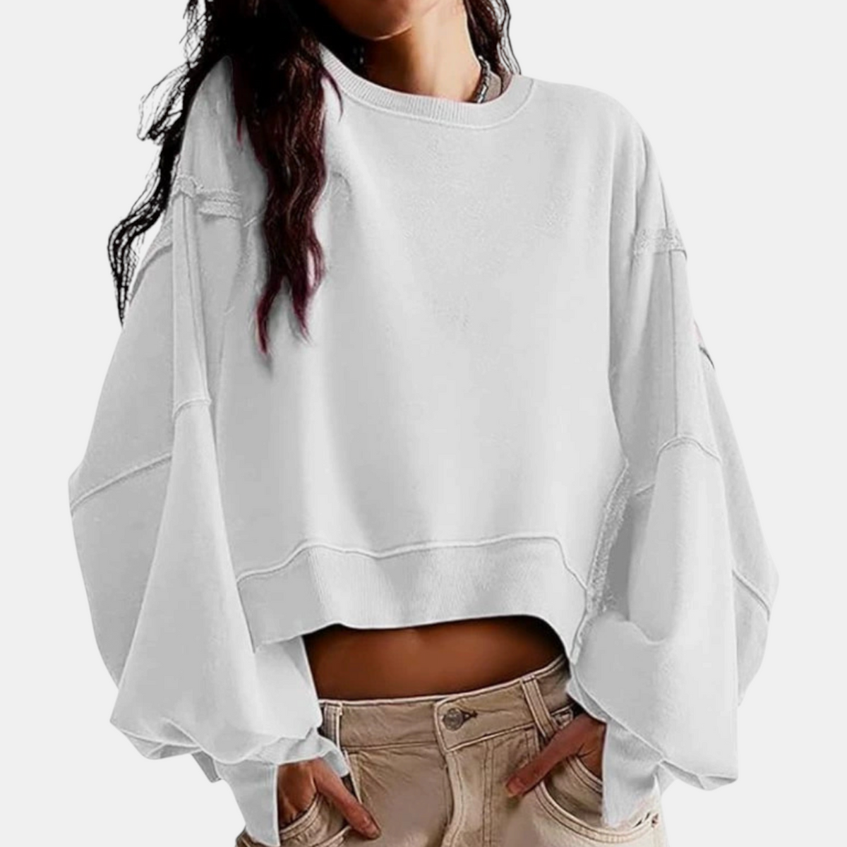 Women's Raw Hem Crewneck Oversized Crop Sweatshirt